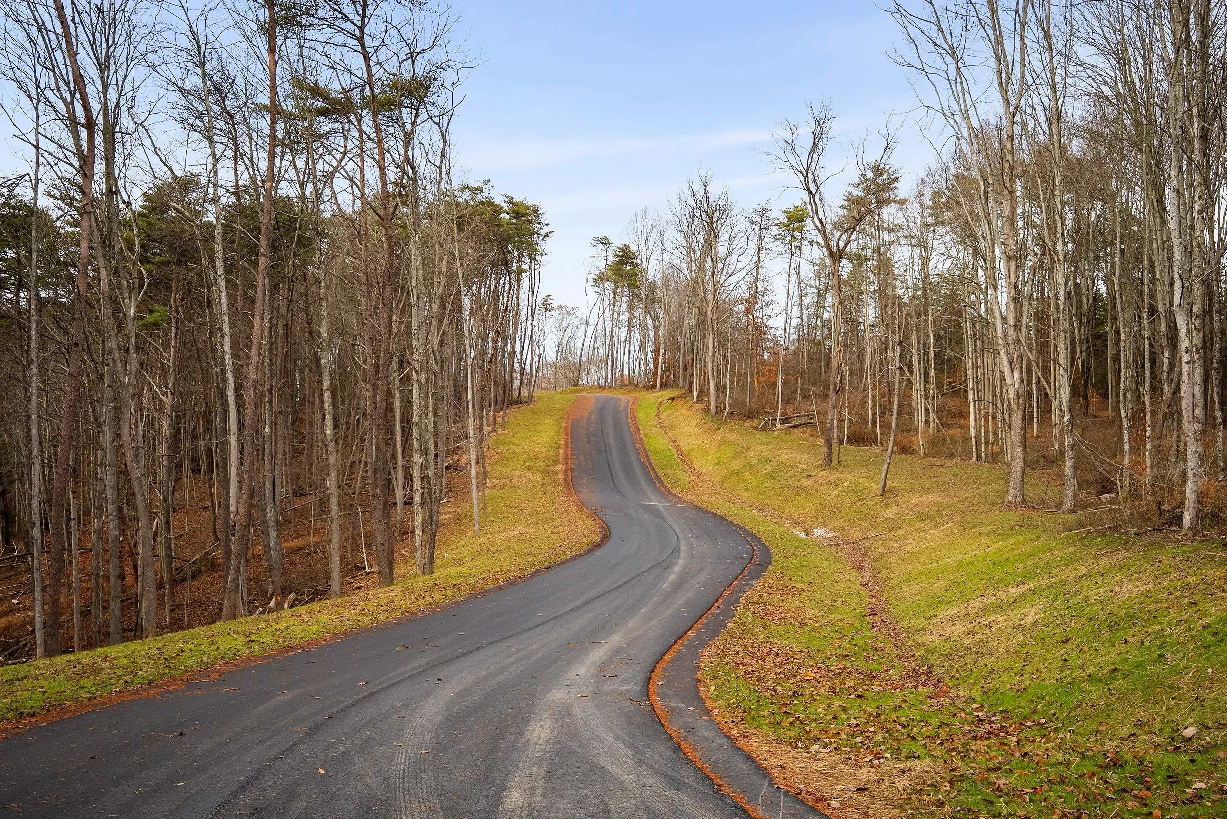 A winding paved road in a rural wooded area with leafless trees and grassy sides under a partly cloudy sky.