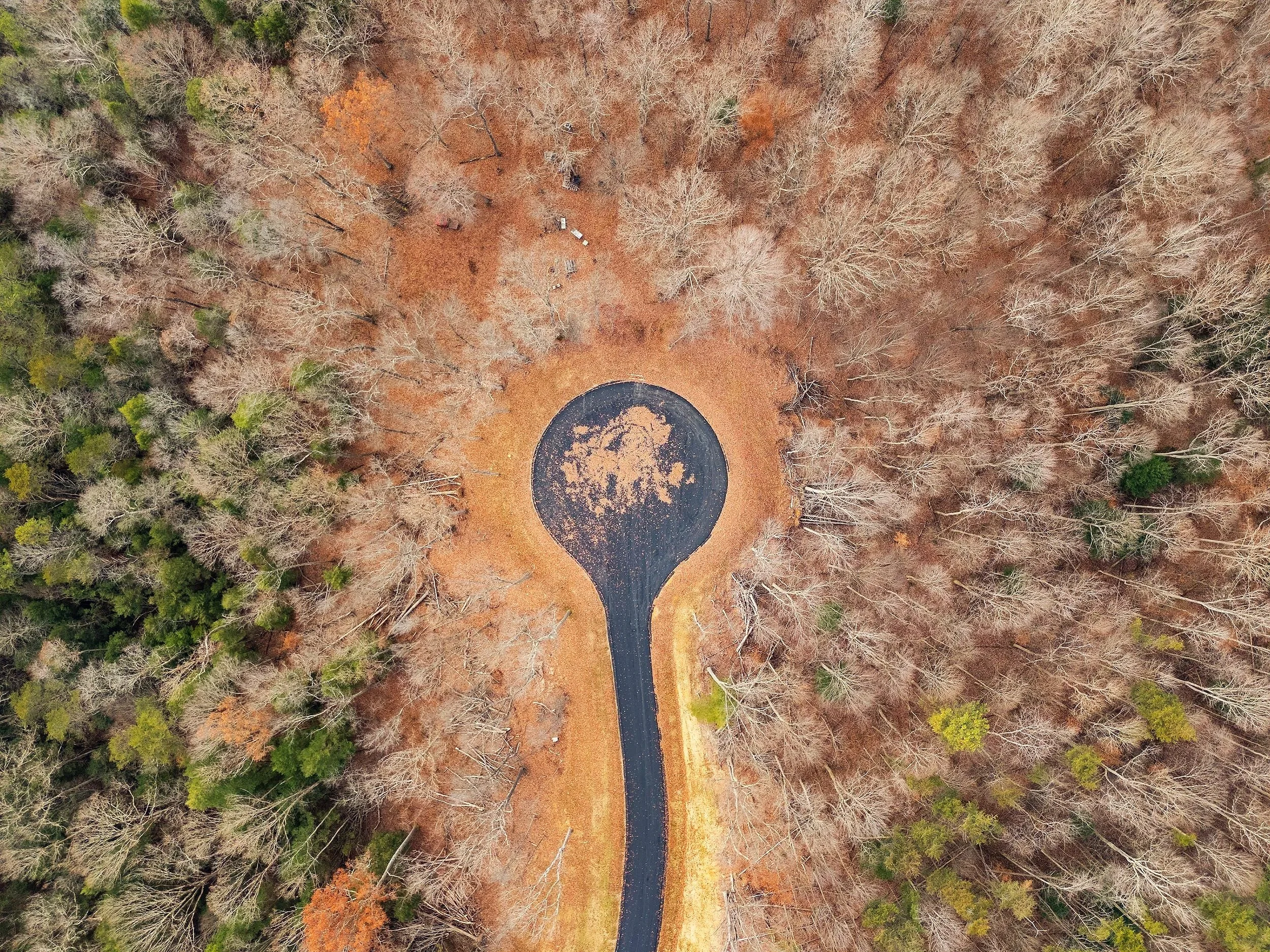 An aerial view of a road leading to a circular turnaround surrounded by a forest with leafless trees, indicating late autumn or winter.
