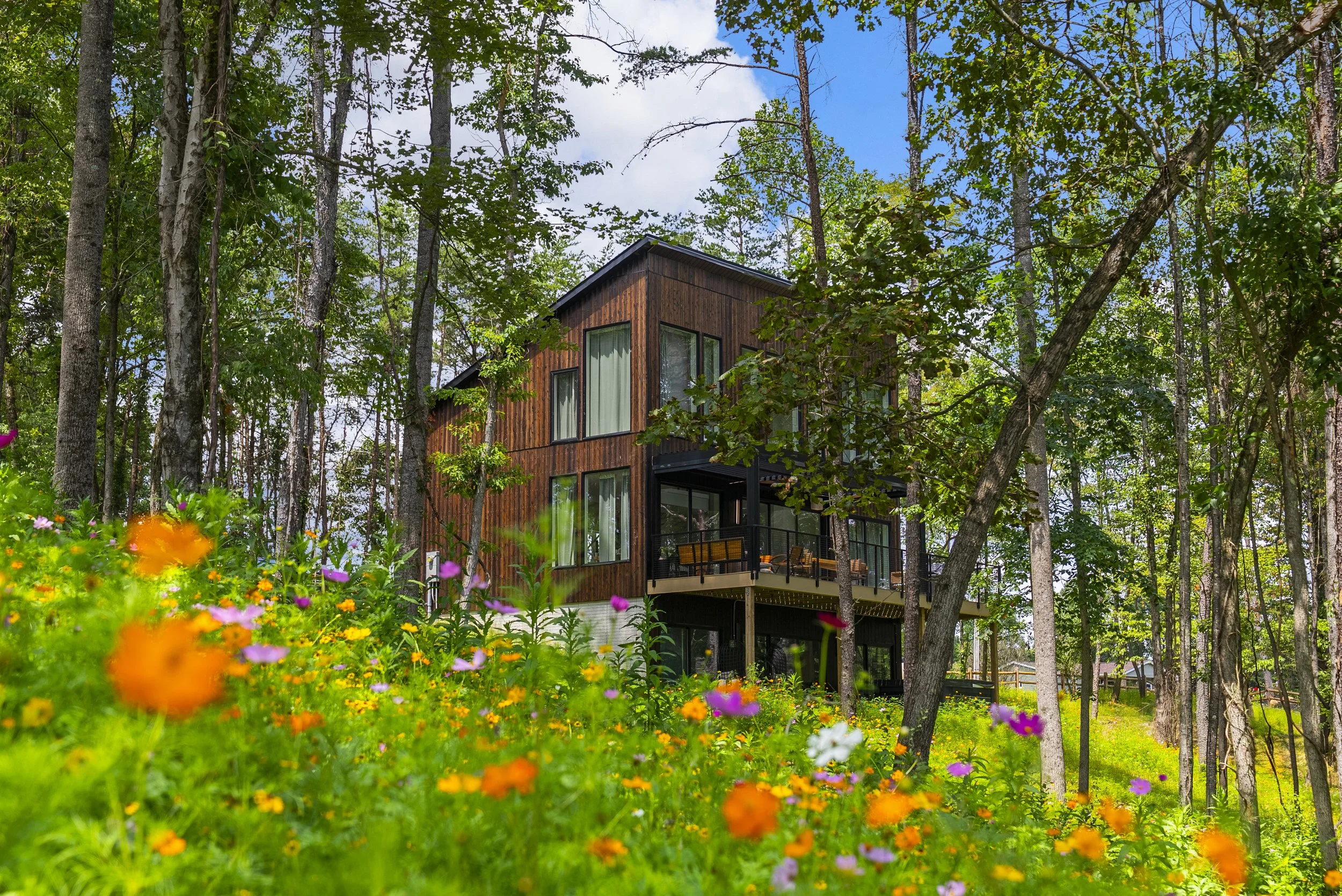 Modern three-story house with black exterior and large windows, built on a hillside with visible foundation supports, surrounded by trees and a dirt yard.