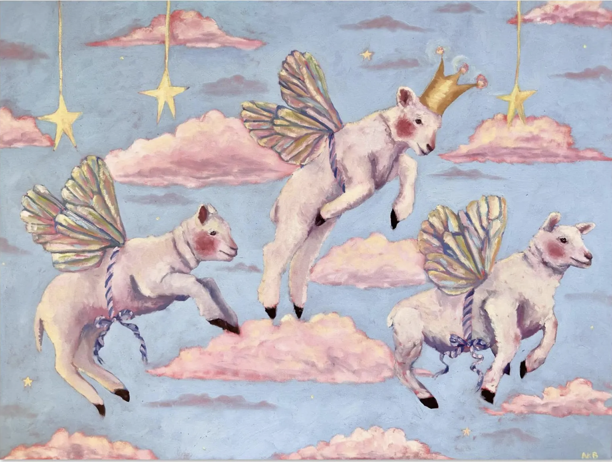 A whimsical painting of three flying unicorns with butterfly wings and golden crowns, soaring among pink clouds and hanging stars on a blue sky background.