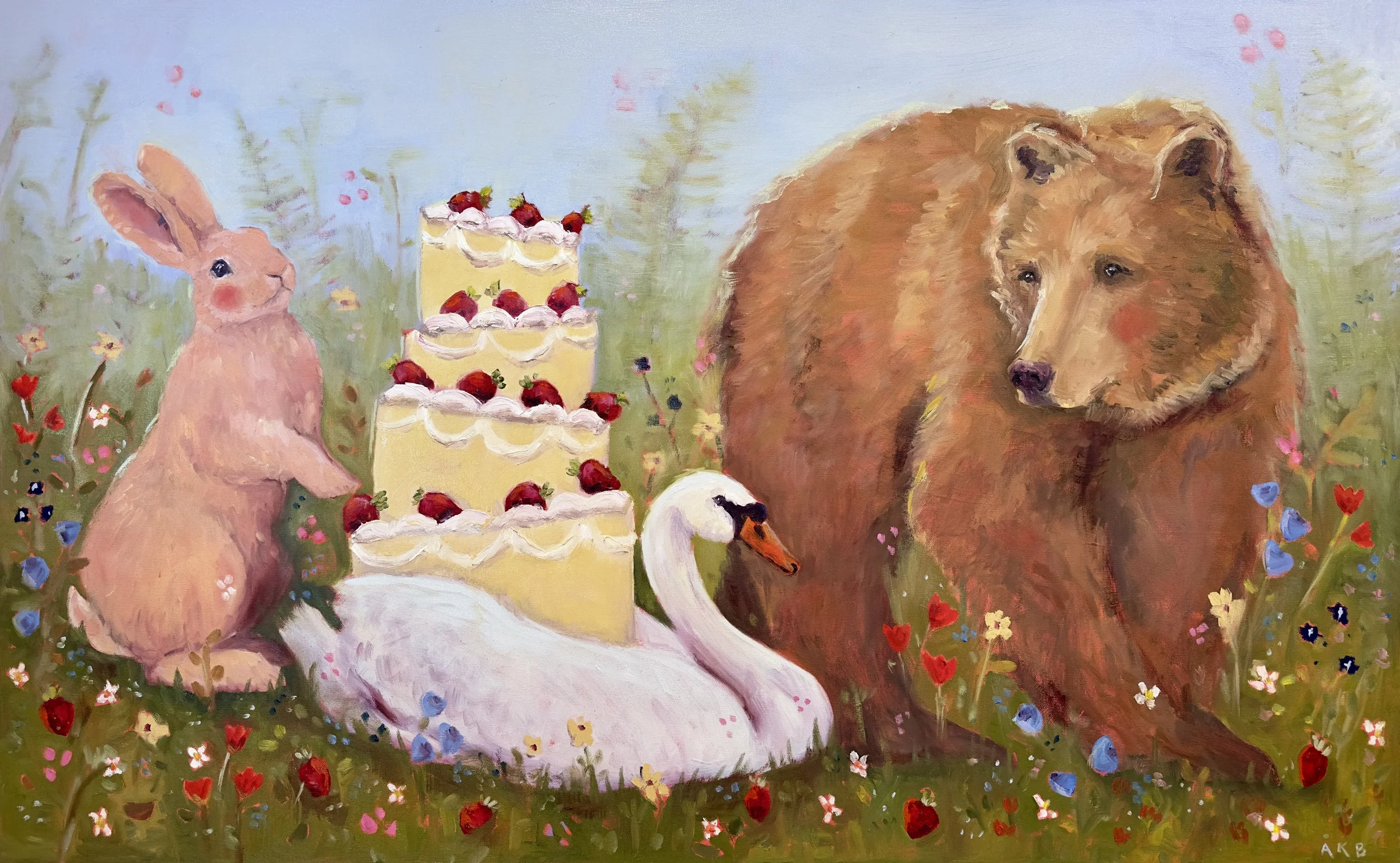  
Whimsical fine art painting by Abby K Brown. 
A dreamy scene of a swan carrying a strawberry cake through a flowered meadow,
followed by a bunny and a bear. Original artwork and prints available.
 
