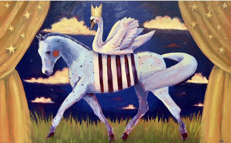 Painting of a white horse with blue spots, a red dot near its eye, and dressed in a striped red and white saddle blanket, standing on grass. A white swan wearing a gold crown and a cape with stars, with wings outstretched, rides on the horse's back. The scene is set within a staged backdrop with curtains and clouds in the background.