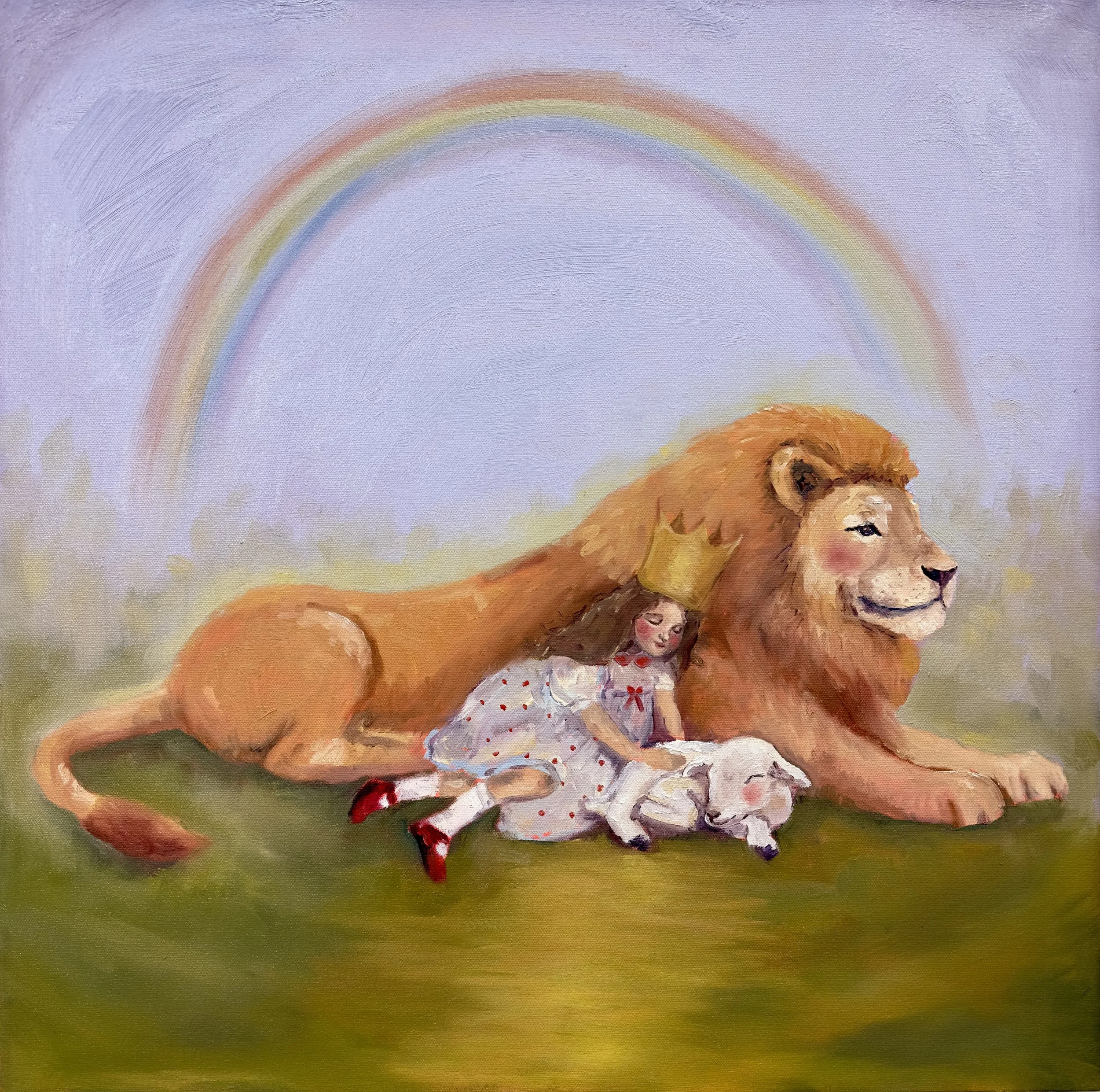 While She Sleeps is an original oil painting by Abby K Brown, a fine artist based in Roanoke, Virginia. This whimsical figurative artwork features a crowned young girl sleeping peacefully beside a watchful lion and a resting lamb beneath a soft rainb