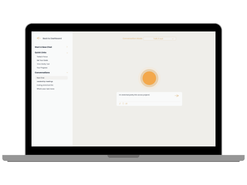 Laptop screen displaying a chat interface with a white background, a speech bubble, and a sidebar menu on the left with options for starting a new chat and conversations.