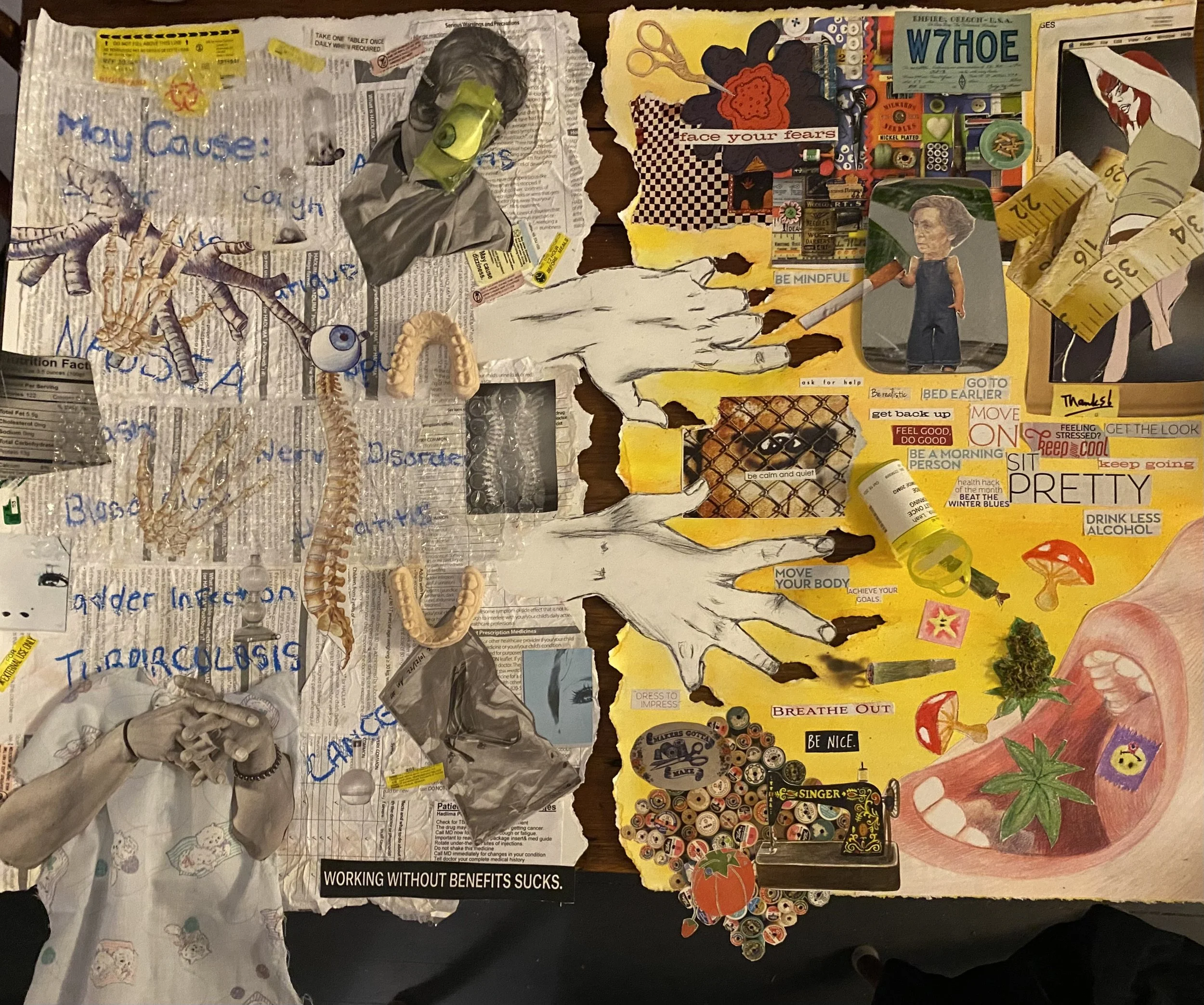Mixed collage on a table featuring torn newspaper, drawings of hands, various small objects, stickers, and printed words. Includes a large tongue illustration, a cutout of a woman, a mask, and decor resembling wellness and mental health themes with notes and phrases like 'WORKING WITHOUT BENEFITS SUCKS' and 'face your fears'.