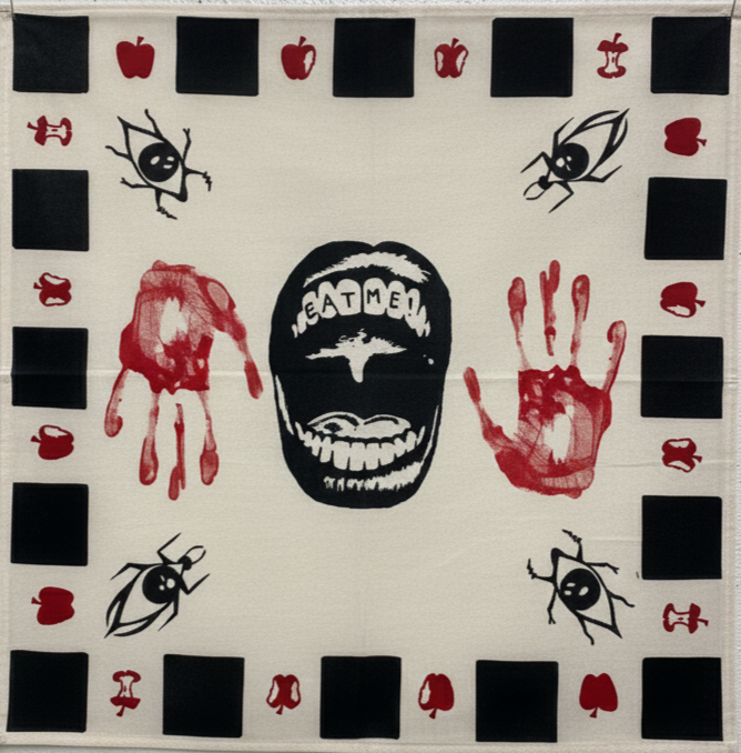 A Halloween-themed table cover featuring a large ghost face with the words 'EAT ME!', two red bloody handprints, four black cartoonish bugs, and playing card symbols around the border.