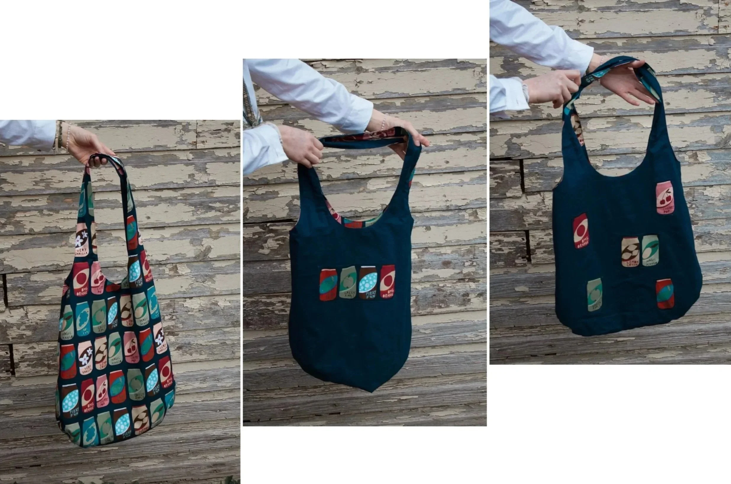 Three different fabric tote bags hanging against a weathered wooden background, each featuring a colorful design with abstract shapes and patterns.