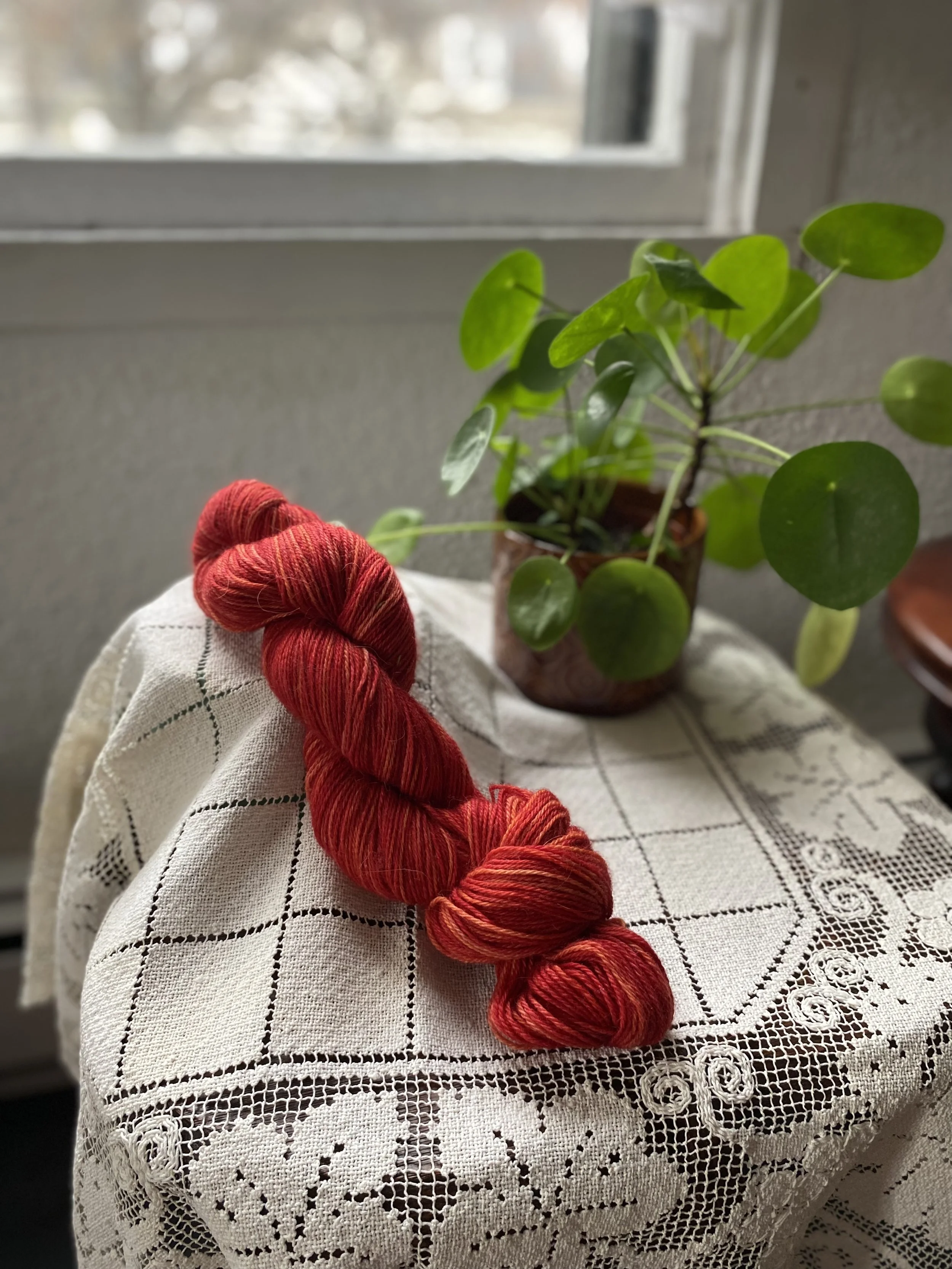 Red yarn skein resting on a lace tablecloth with a potted plant in the background by a window.