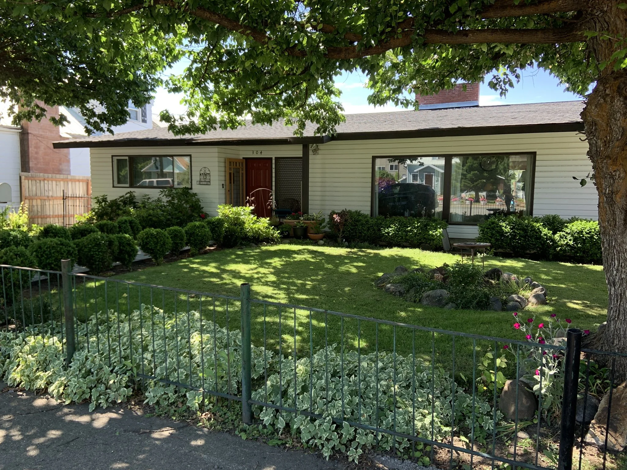 Front yard of a house with a green lawn, trimmed bushes, and a large tree providing shade. The house has white siding, a red door, and large windows reflecting the street.