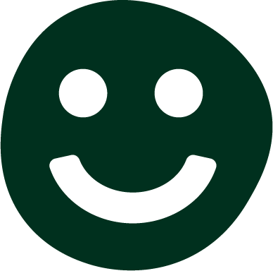 A dark green smiling face icon with two eyes and a curved mouth.