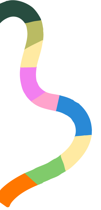 Colorful segmented snake illustration with various pastel and bright colors.