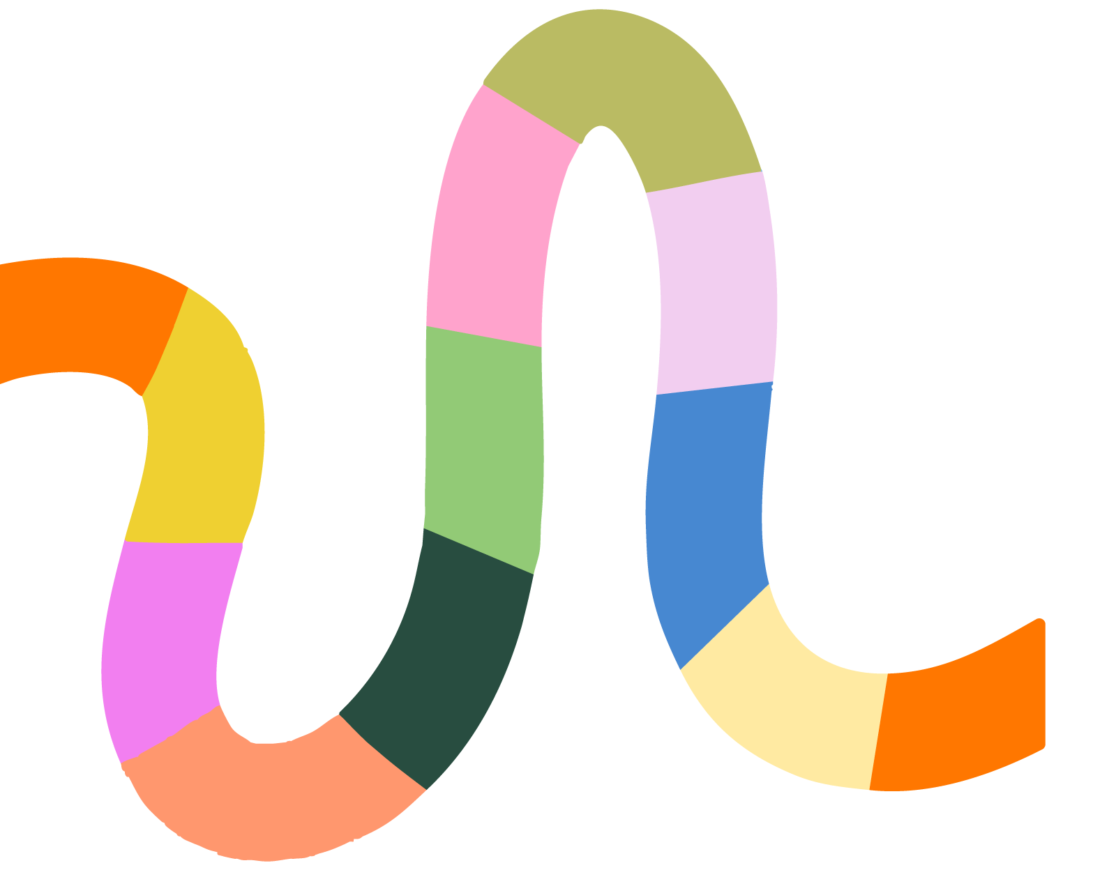 Colorful multicolored block style letter 'O' with segments in orange, pink, yellow, green, blue, purple, and cream.