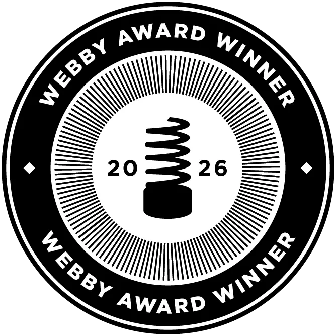 A circular black and white badge with the text 'WEEBY AWARD WINNER' repeated twice around the edge. The center has a spiraling or twisting design with the year 2026 and a stylized icon of a microphone with a coiled cable.