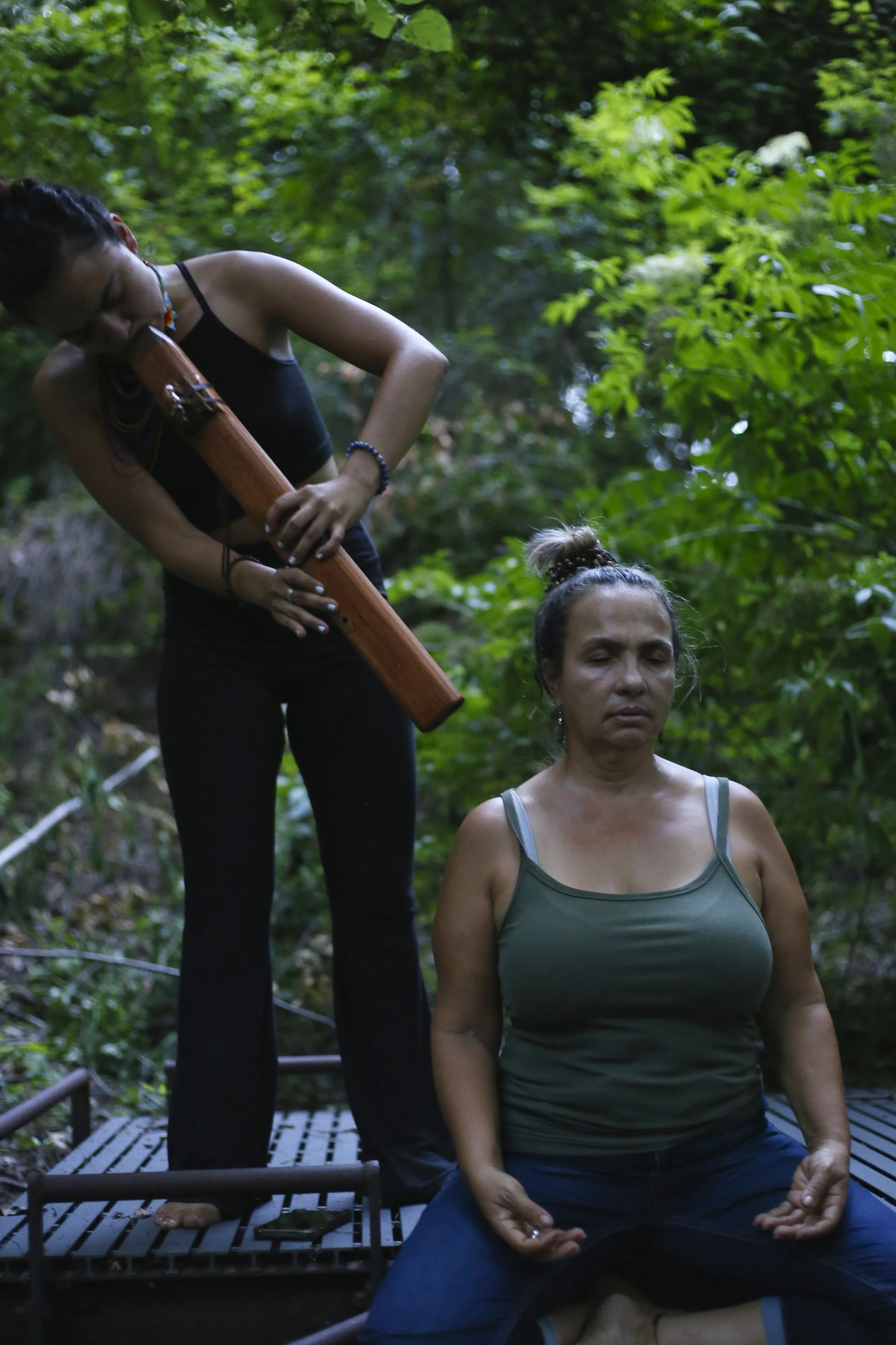 Voice activation ceremony at Music Creation Retreat with Delady DJ and The Love Faery in Texas forest.