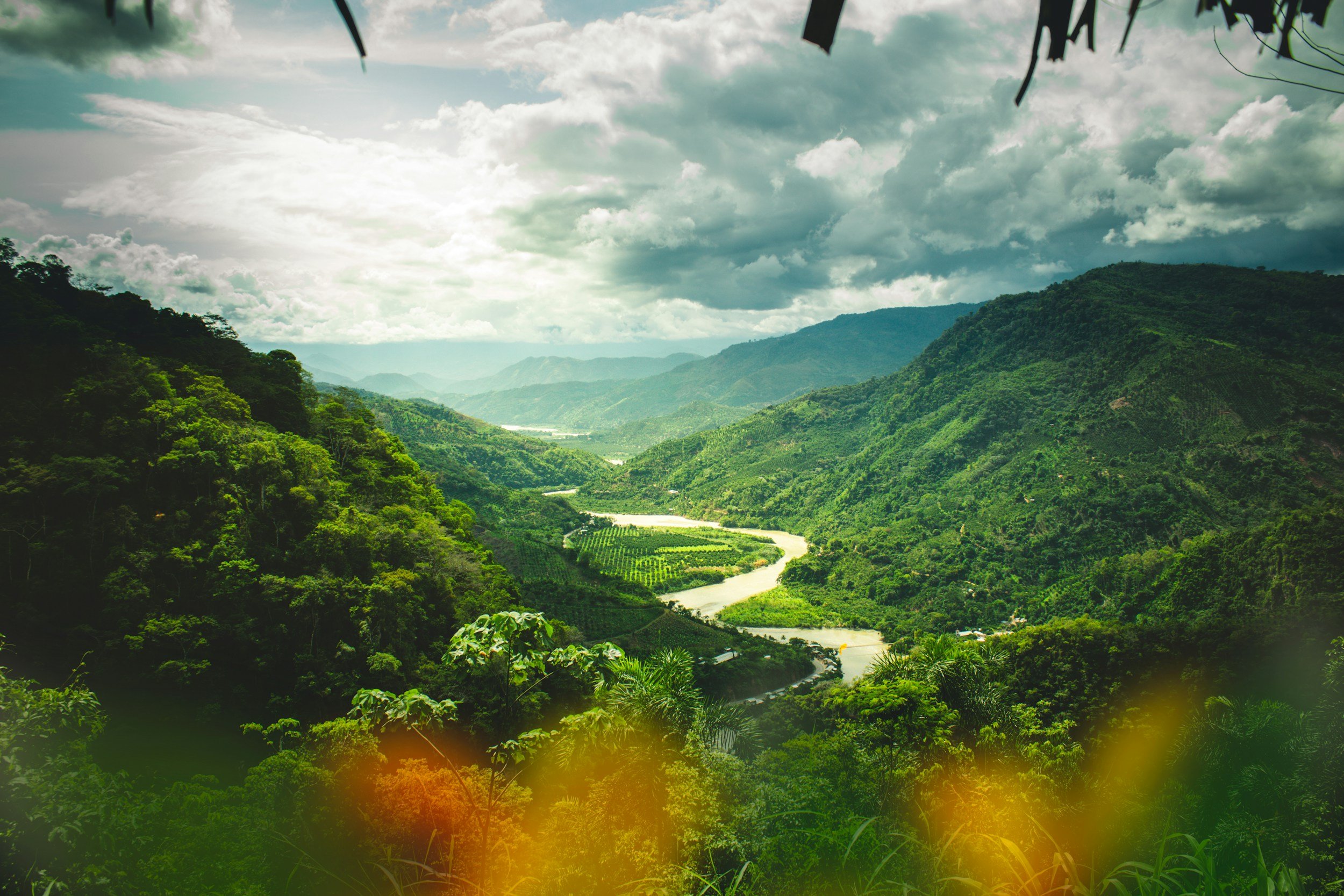 Scenic view of lush green mountains and a winding river in a valley under cloudy sky