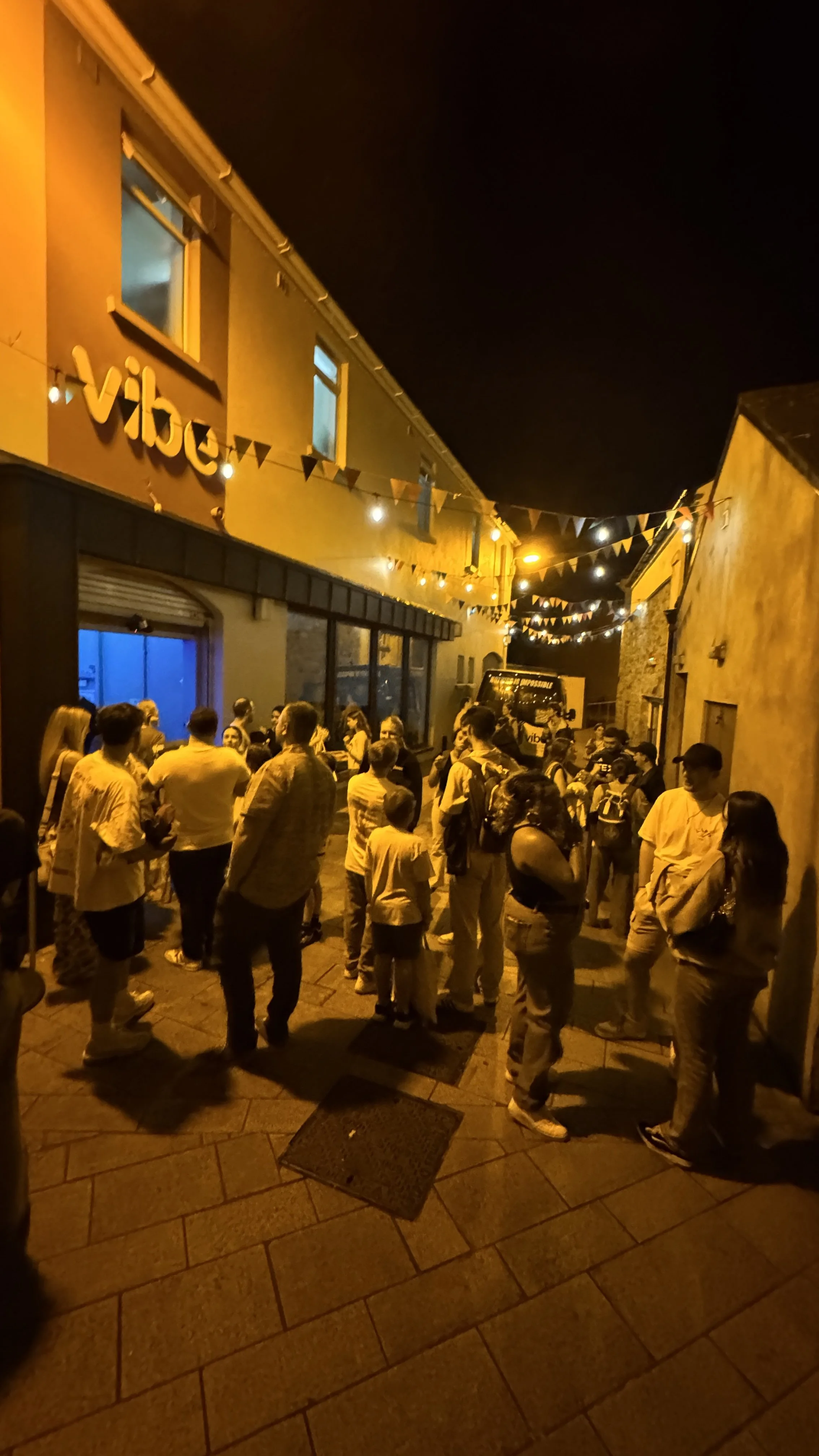 People gathered outside a nightclub or bar named 'Vibe' at night, with string lights and flags decorating the street.