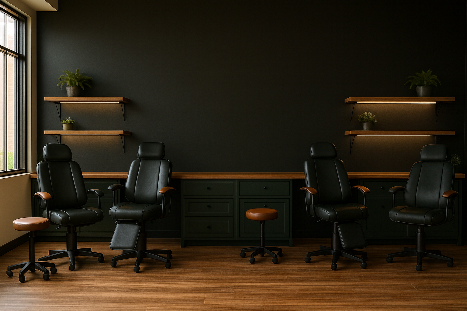 Office meeting room with four black leather swivel chairs, a dark green wall with wooden shelves and plants, and a large window on the left letting in natural light.