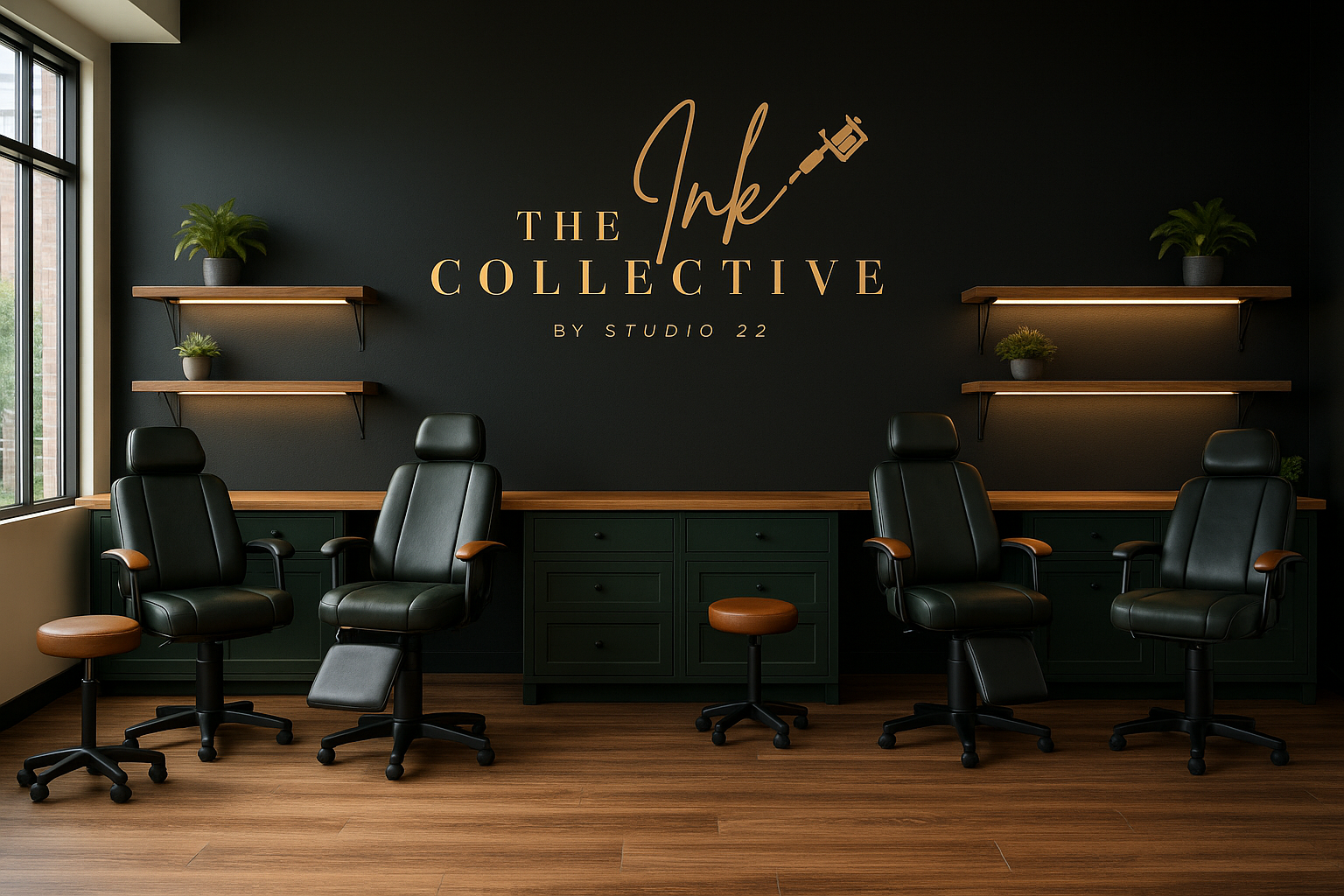 Modern office conference room with four black leather chairs, two small brown stools, green cabinets, and black wall with gold lettering that says 'The Ink Collective by Studio 22'; decorative plants on wooden shelves; large window on the left.