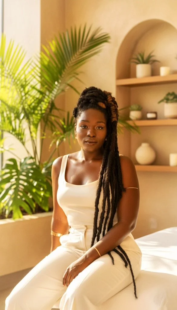 A woman with dark skin and long dreadlocks sits on a bed in a room with beige walls, a large green plant, and built-in shelves with decorative white pots and candles.