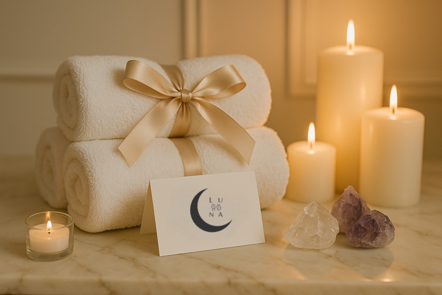 Stacked white towels with a gold ribbon, lit candles, and crystals on a marble surface, with a moon and sleep-related card.