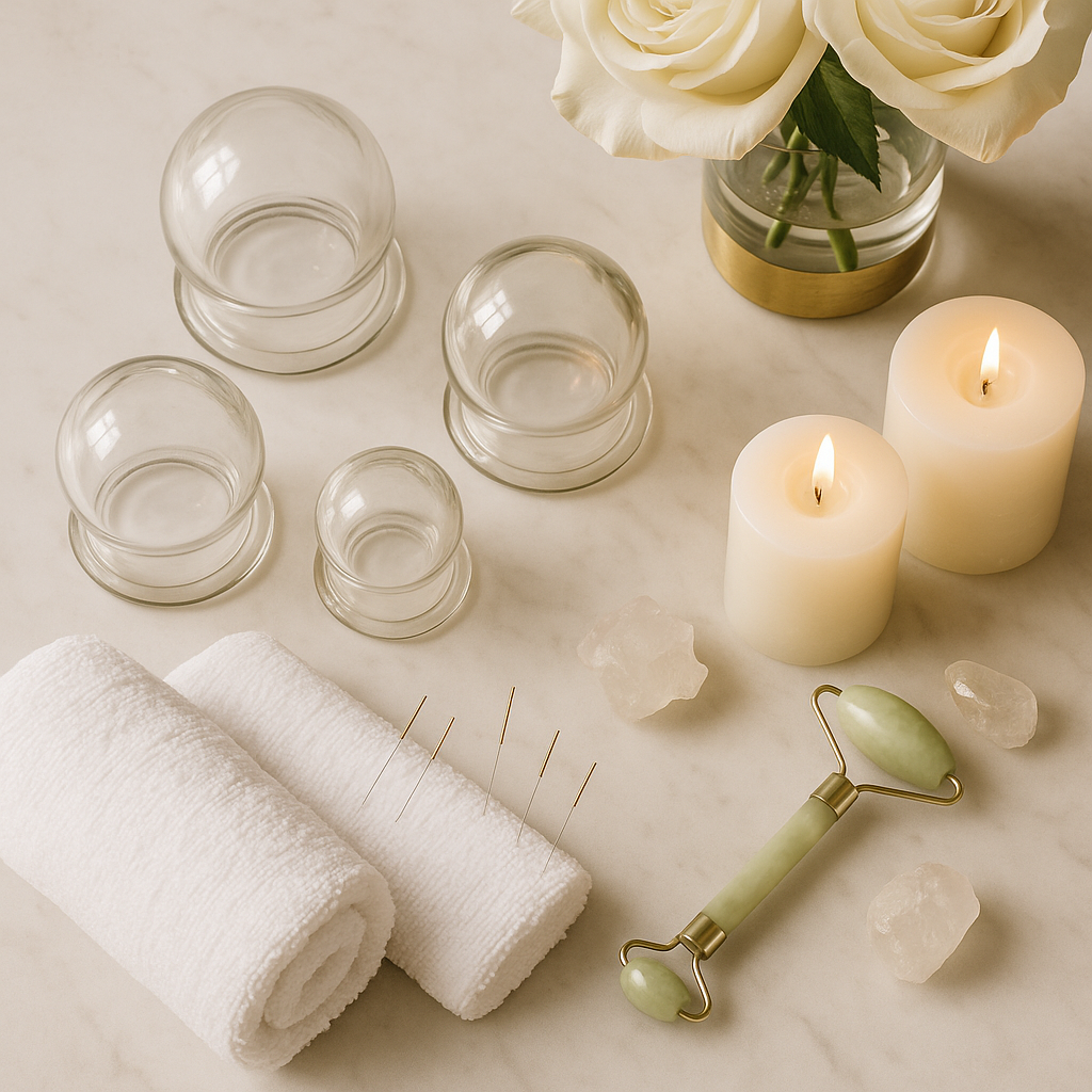 Spa or skincare tools on a marble surface, including rolled white towels, acupuncture pins, glass jars, white candles, a jade roller, and a vase of white roses.