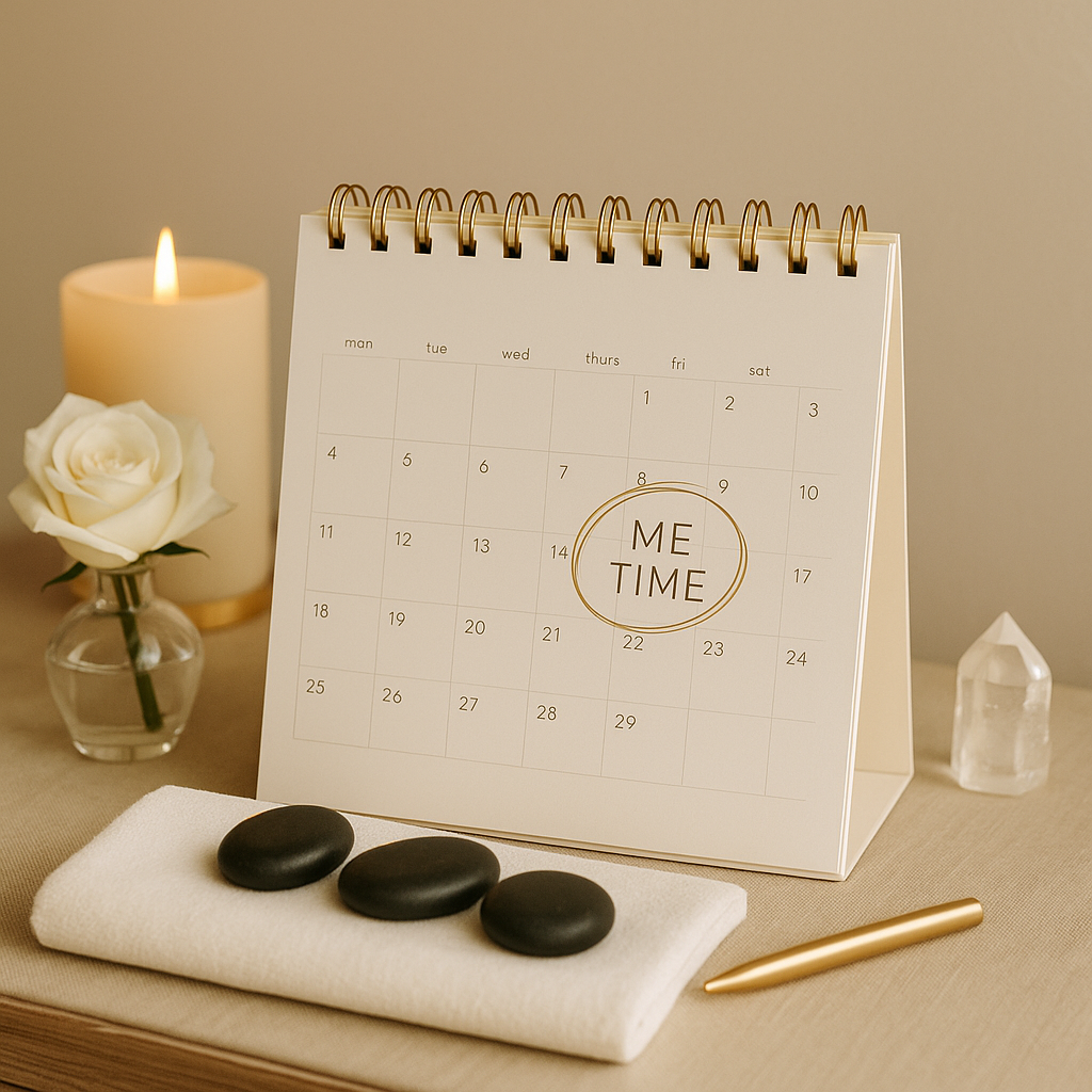 A desk calendar showing the words 'ME TIME' in the middle of the month, surrounded by candles, a white rose in a glass vase, smooth black stones on a white cloth, a gold pen, and a small crystal on a beige surface.