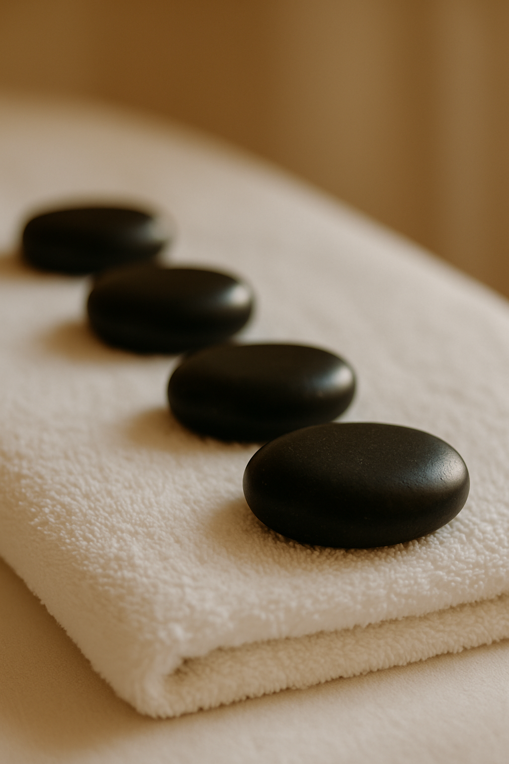 Five black spa stones arranged in a line on a folded white towel