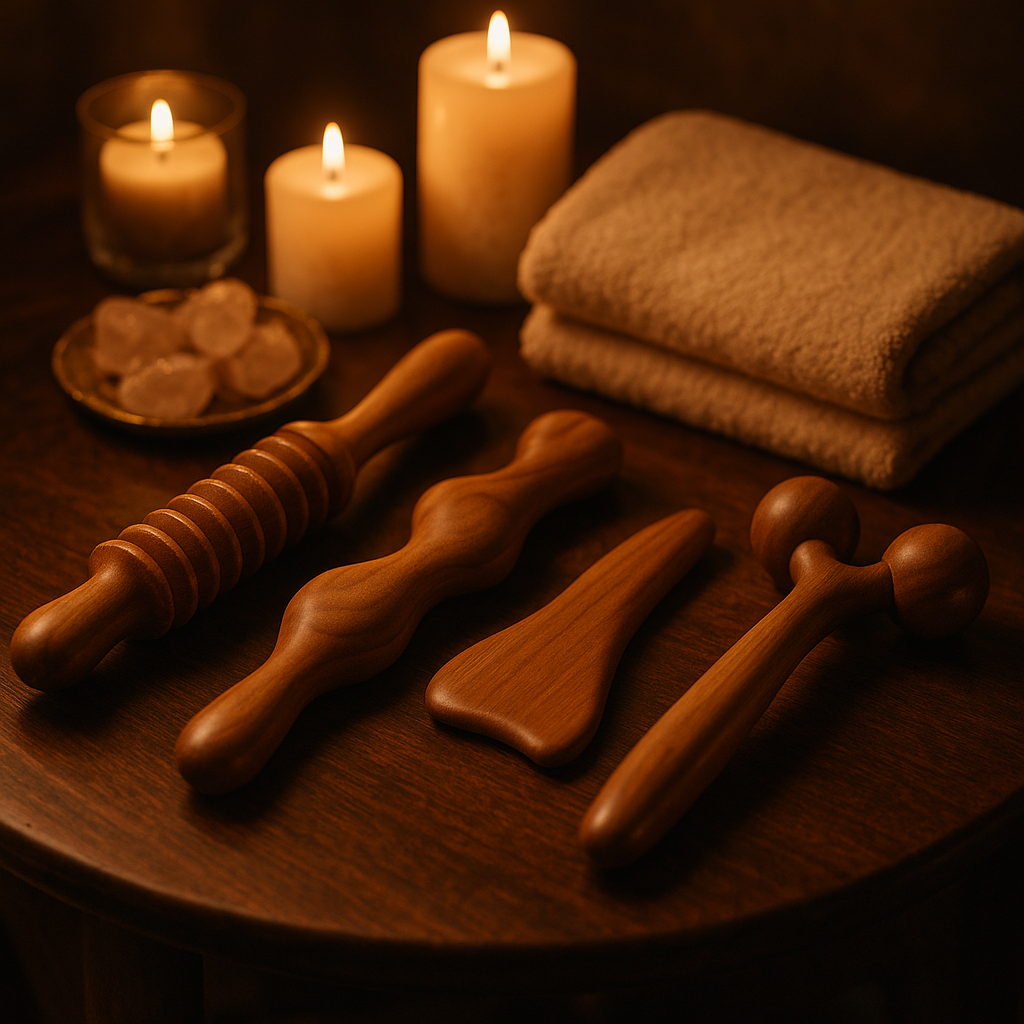 A set of wooden massage tools on a wooden table, with candles, folded towels, and stones in the background, creating a relaxing spa atmosphere.