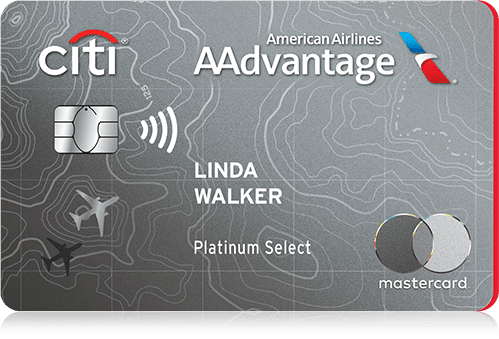 Citi and American Airlines Advantage Platinum Select Mastercard credit card featuring a topographical background, a chip, contactless payment icon, airline icons, and the cardholder name Linda Walker.