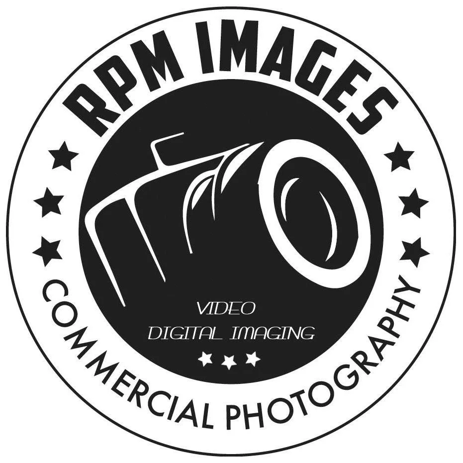 A black and white logo for RPM Images, featuring a stylized camera lens and film reel. The text includes 'RPM Images,' 'Video,' 'Digital Imaging,' and 'Commercial Photography,' with stars around the circle.