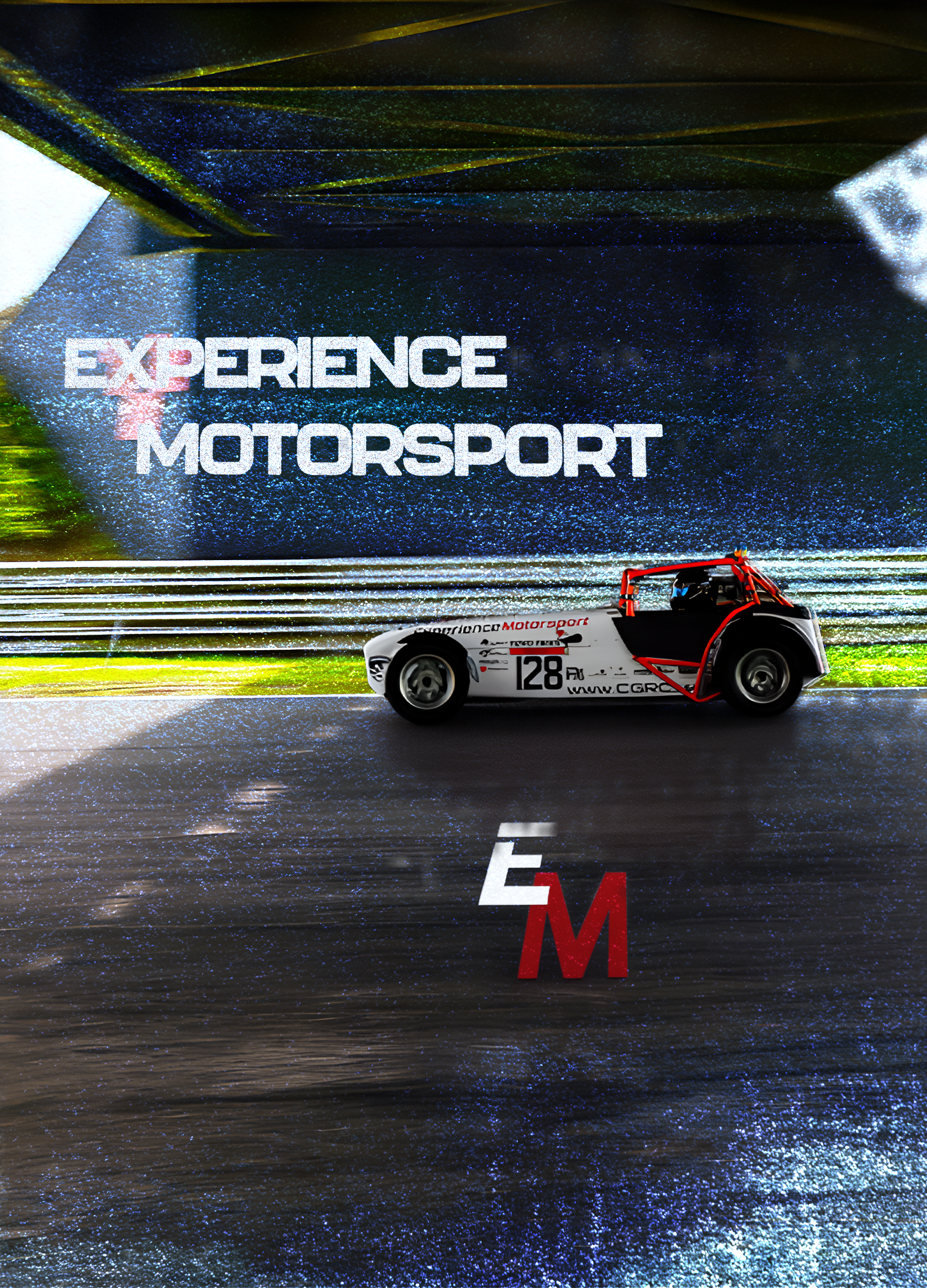 Racing car on the track with the words "Experience Motorsport" in large text in the background.