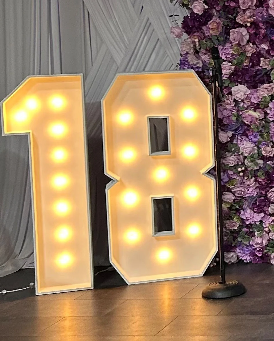 Large illuminated number 18 with bulbs, For Houston and surrounding areas. Event rentals. Marquee numbers