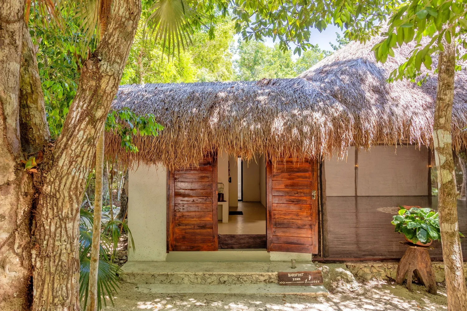 A small tropical hut with a thatched roof, wooden shutters, and an open door, surrounded by trees and greenery.
