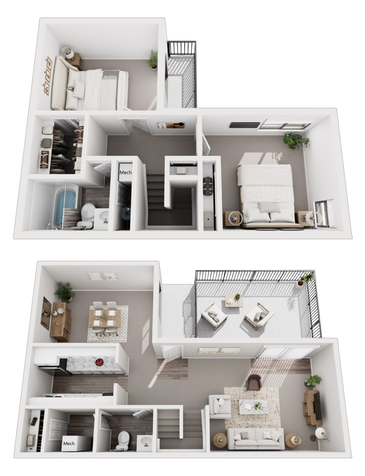 Top floor: two bedrooms, one with a walk-in closet, bathroom, and mechanical room. Bottom floor: living room, dining area, kitchen, balcony with outdoor furniture, and a small bathroom.