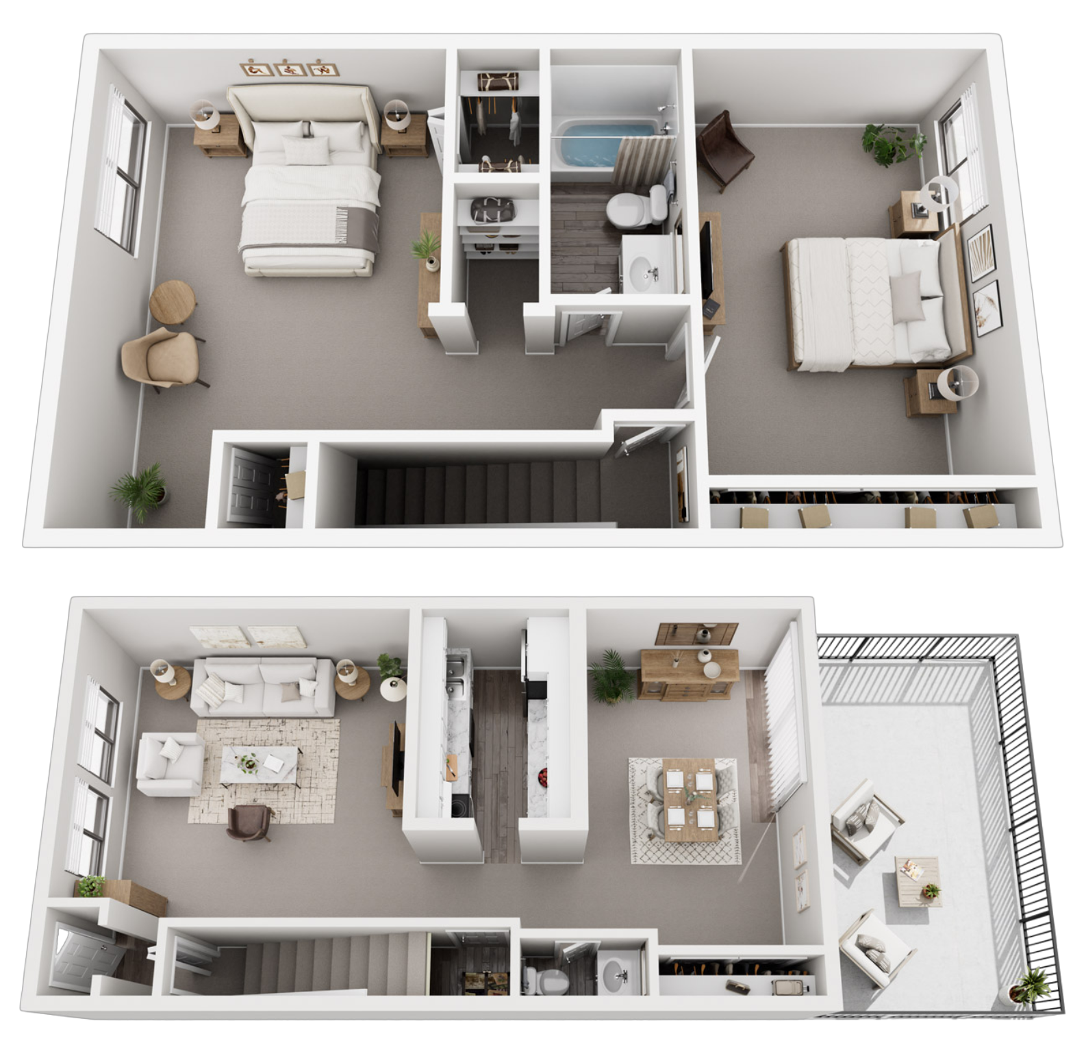 Two-story apartment floor plan with living rooms, bedrooms, bathrooms, kitchen, and balcony.