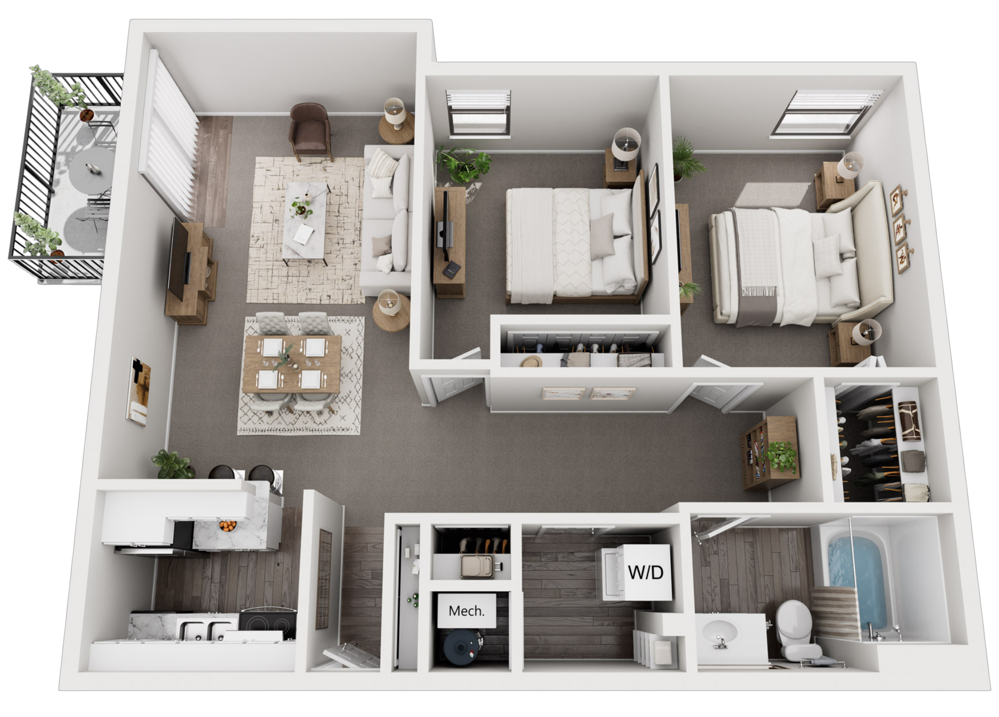 3D floor plan of an apartment with living room, dining area, kitchen, two bedrooms, bathroom, balcony, laundry area, and storage closet.