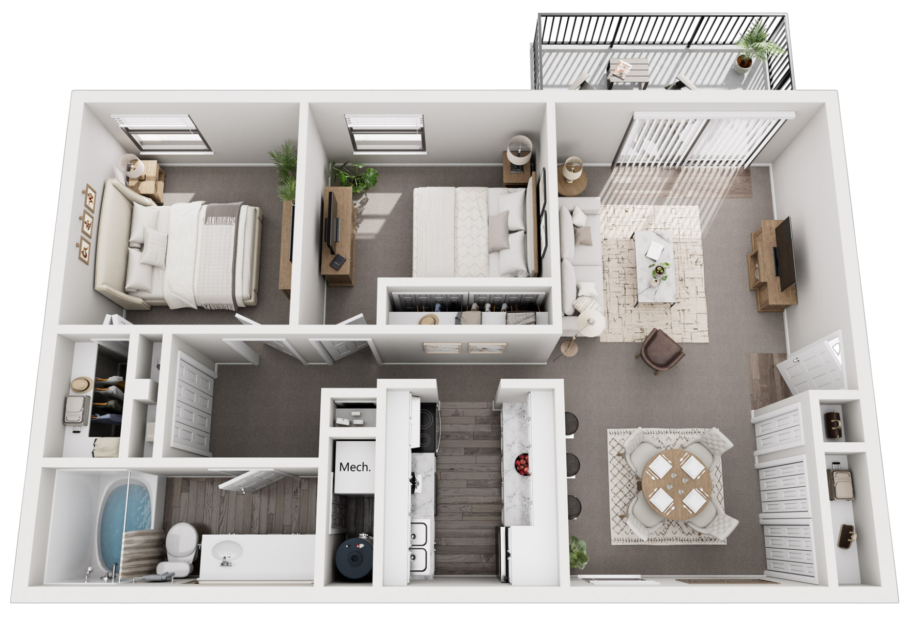 A 3D floor plan of a modern apartment with two bedrooms, a living room, kitchen, bathroom, and balcony. The bedrooms have beds and dressers, the living room has a couch and television, and the kitchen features a counter with bar stools.