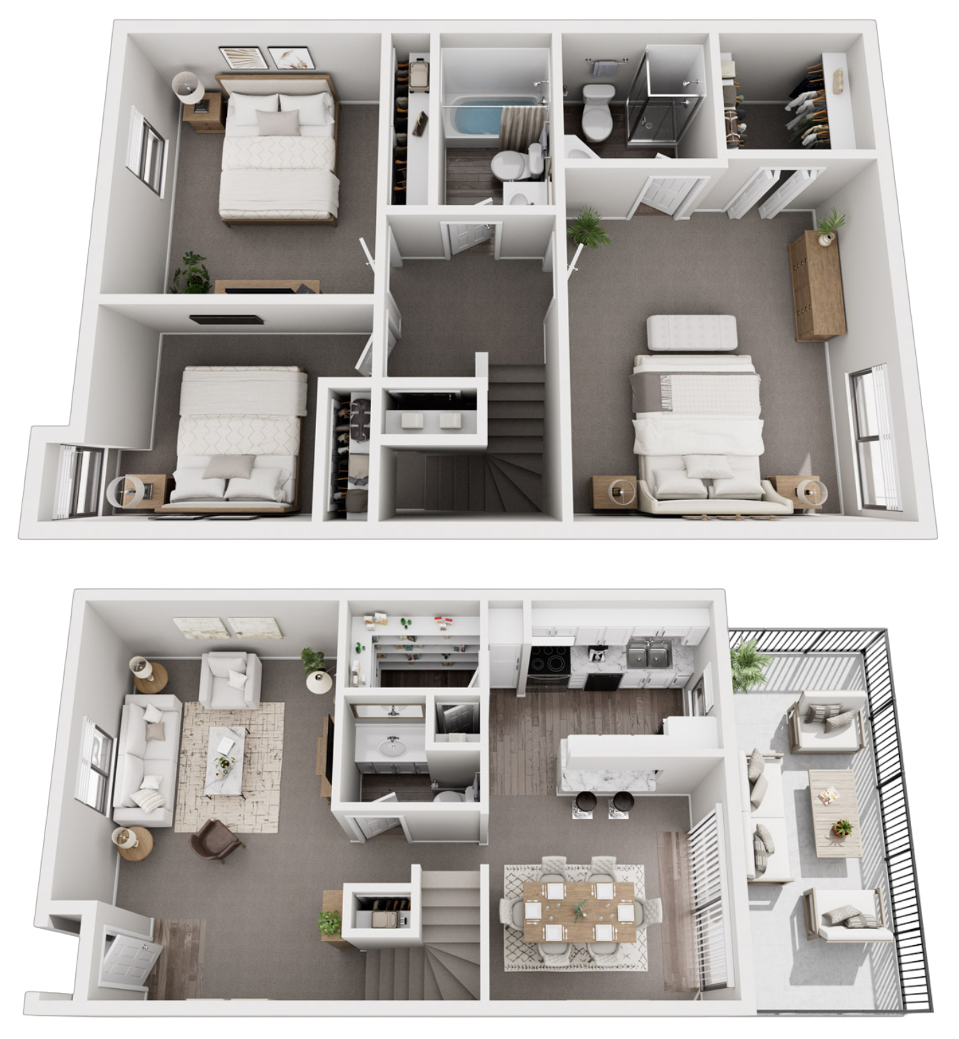 A 3D floor plan of a two-story apartment, showing bedrooms, bathrooms, living room, kitchen, dining area, and balcony.
