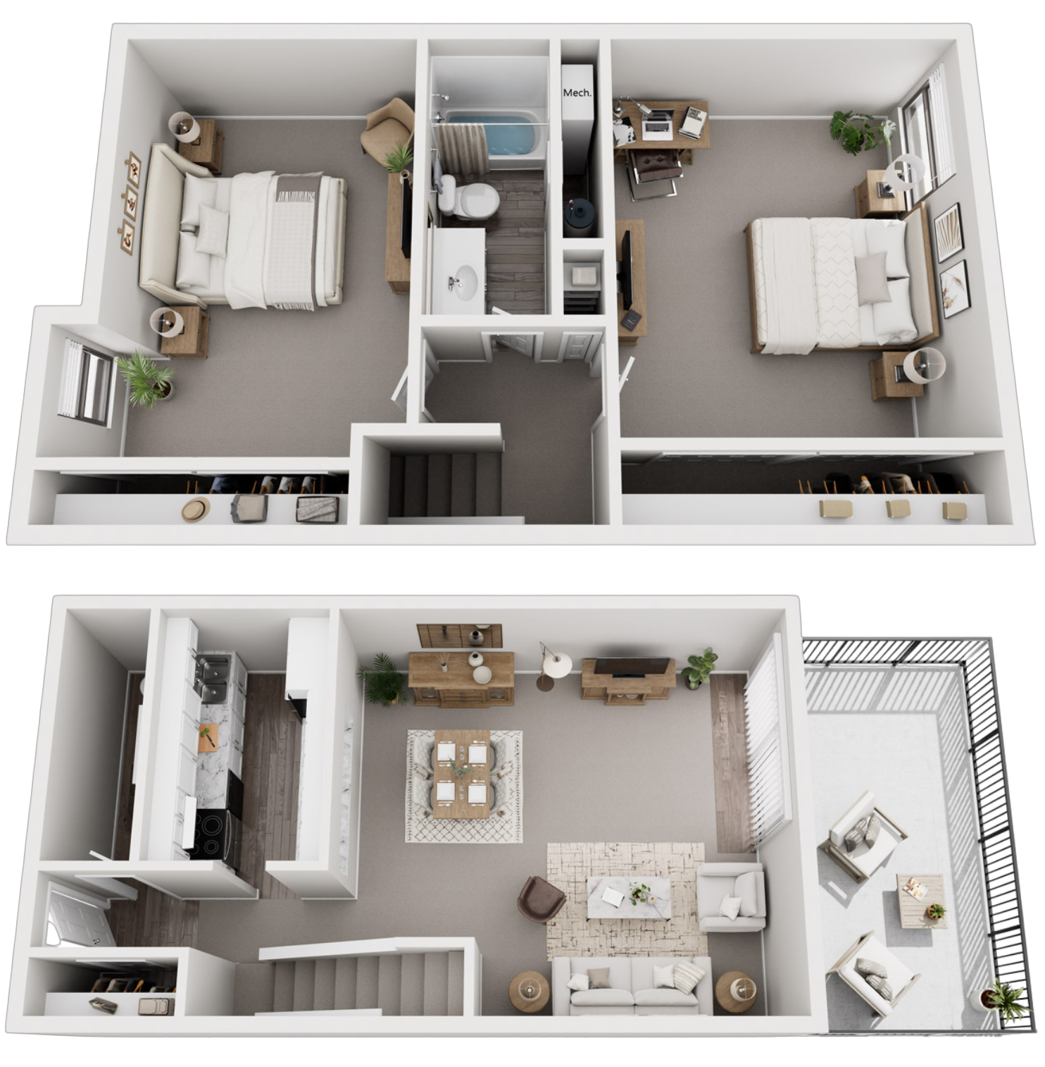 A two-story apartment floor plan featuring a living room, dining area, kitchen, balcony, two bedrooms, and a bathroom with surrounding furniture and decorations.