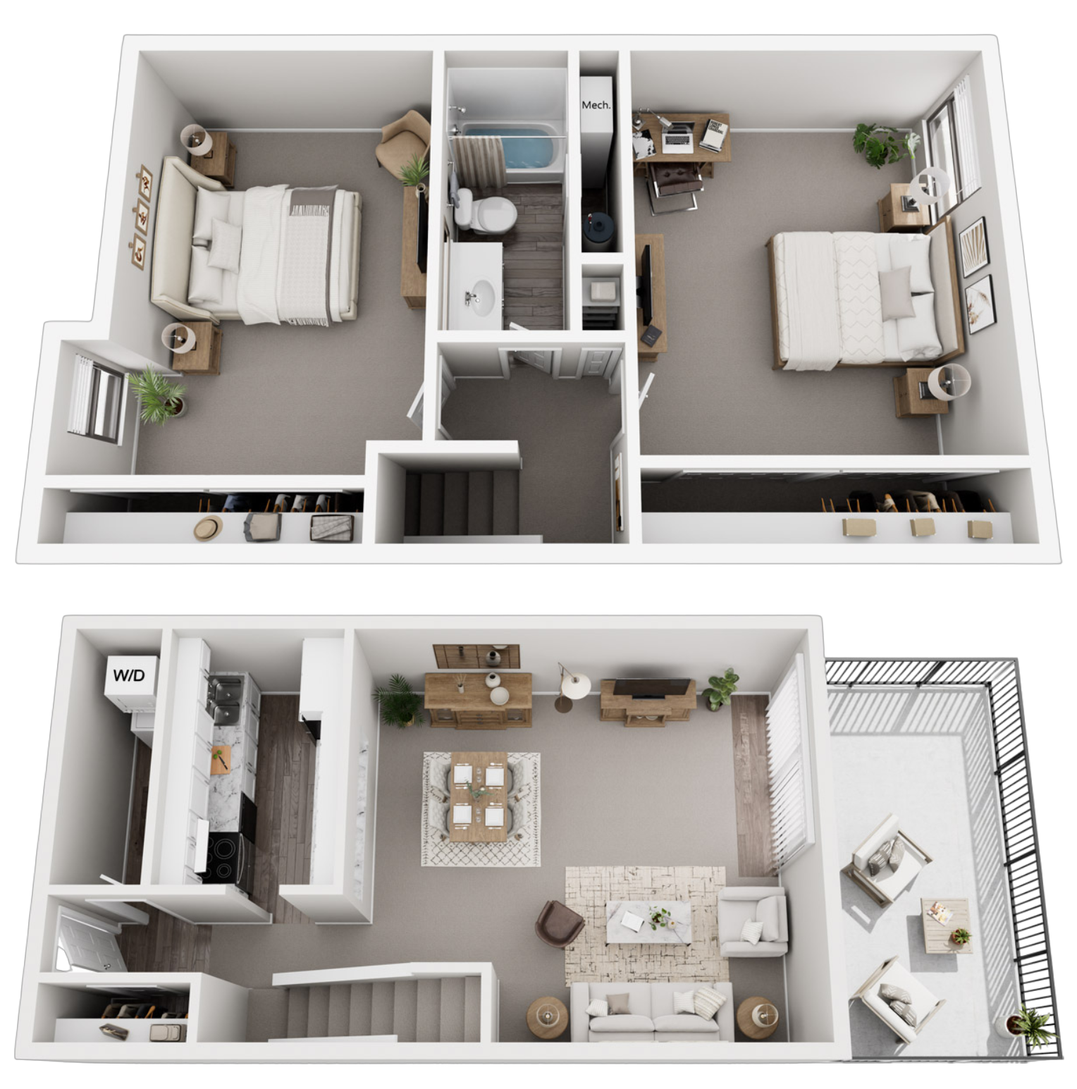 Two-story apartment floor plan with living room, dining area, kitchen, and balcony on the lower level; two bedrooms, a bathroom, and a small office on the upper level.