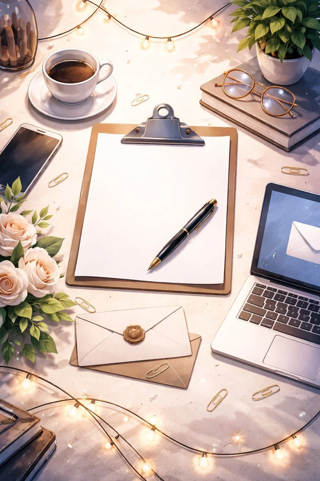 A neatly organized desk with a clipboard and blank paper, a pen, a cup of coffee, a smartphone, a laptop with an envelope icon on the screen, a bouquet of light pink roses, a potted plant, a pair of glasses on a stack of books, a sealed envelope, and decorative string lights.