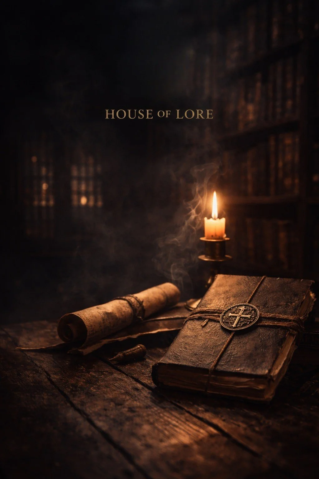 A dimly lit scene with a lit candle, an old leather-bound book with a religious medal, and a rolled parchment on a wooden table, with a background of blurred bookshelves. The text 'HOUSE OF LORE' is centered in the image.