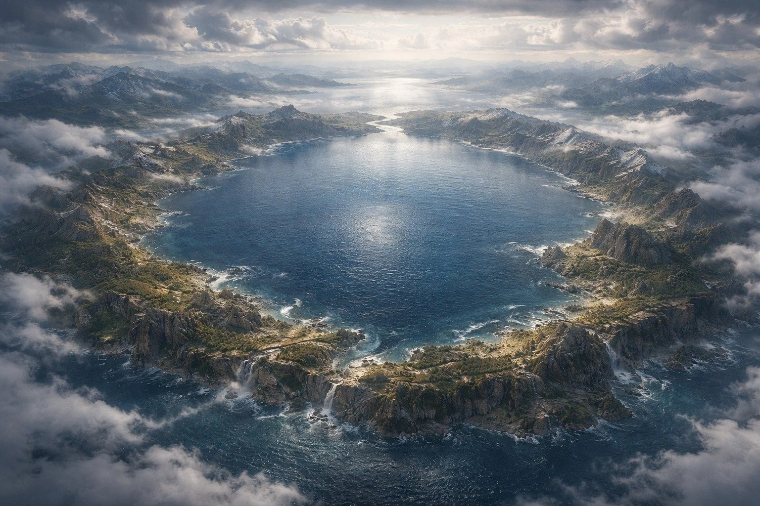 Aerial view of a coastal lake surrounded by mountains with clouds overhead and water runoff flowing into the sea.