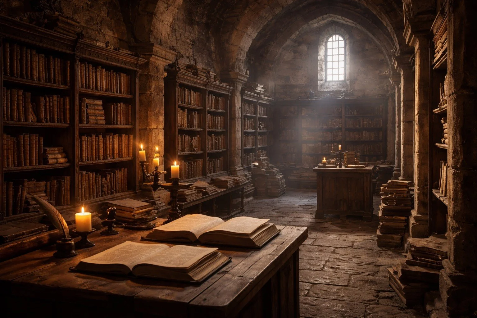 An old, medieval-style library with stone walls, tall wooden bookshelves filled with aged books, and illuminated by candlelight. There are open books on a wooden desk and stacks of books on the floor, with a large window letting in natural light from above.