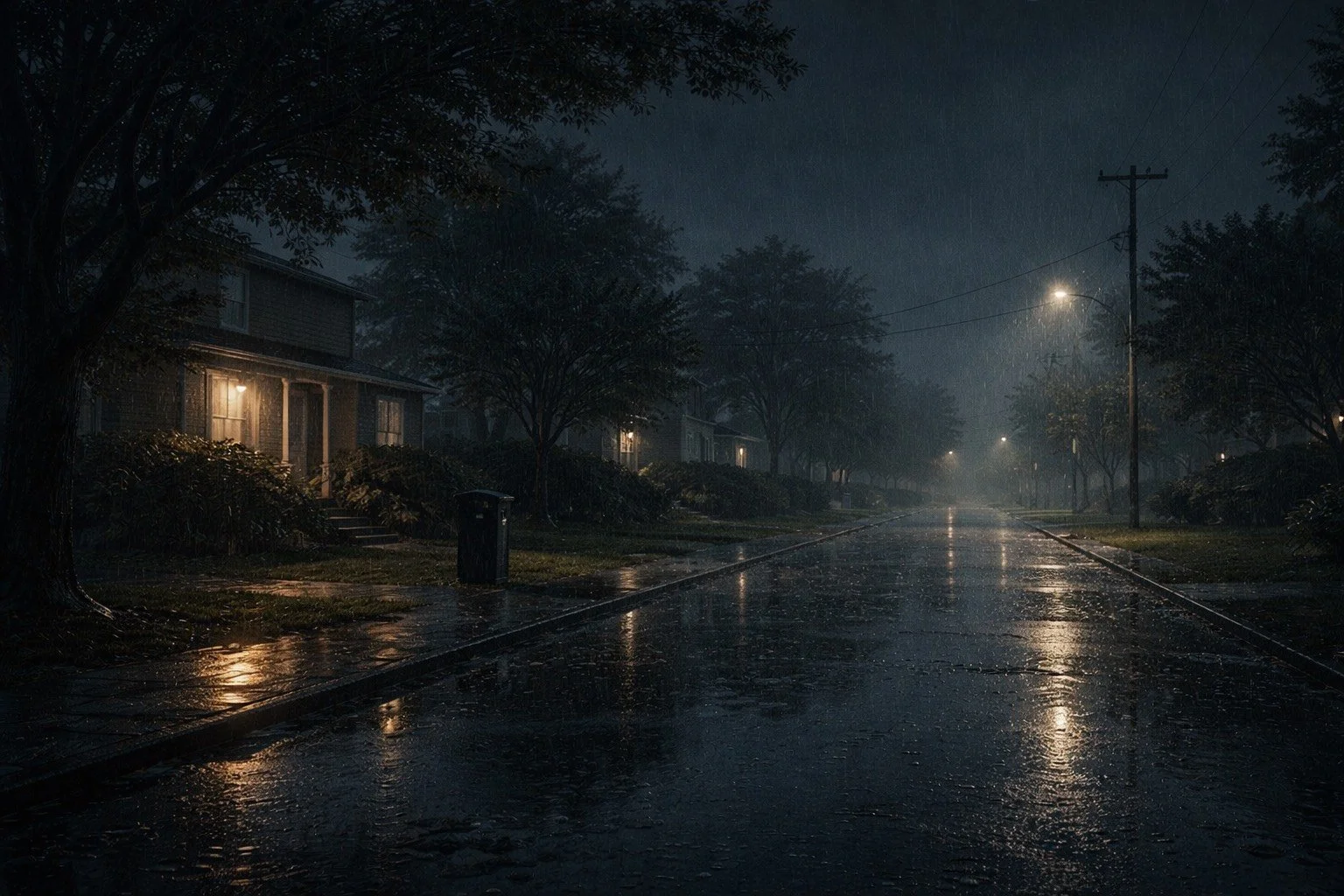 A quiet residential street on a rainy night with wet pavement, houses with lit windows, trees, streetlights, and power lines.
