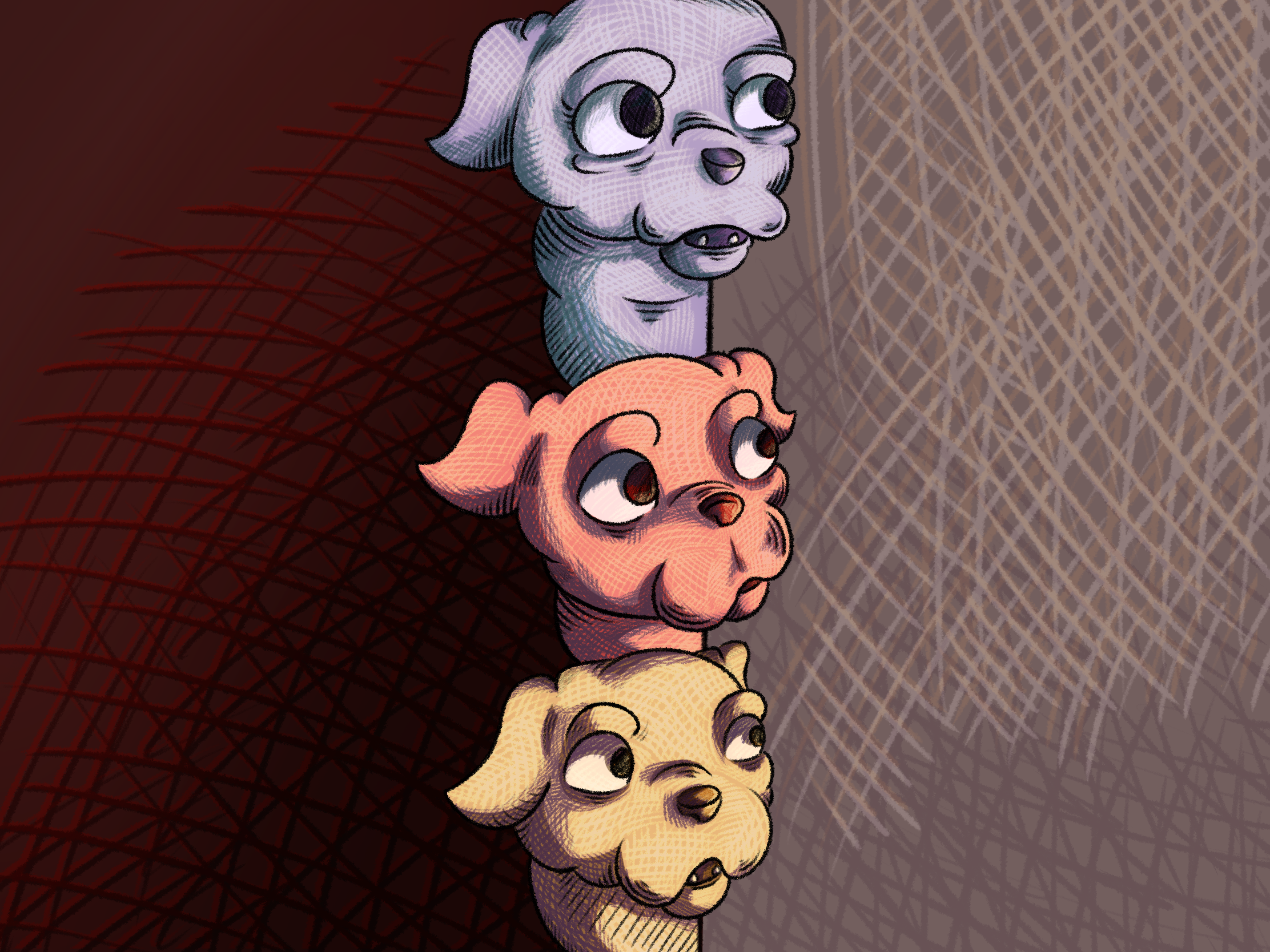 Three colorful cartoon puppies are stacked vertically on a textured background, with a red and black abstract pattern on the left and a tan textured surface on the right.
