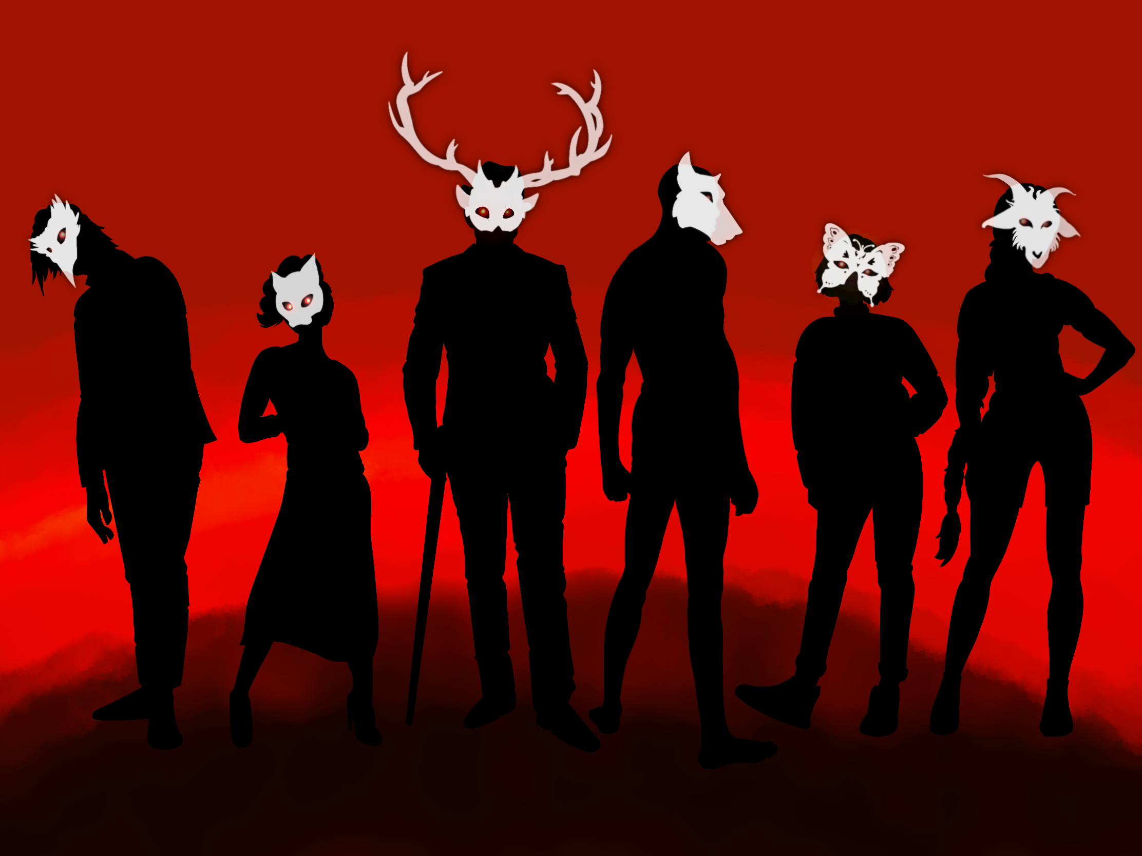 Silhouettes of six people wearing animal masks with a red background.