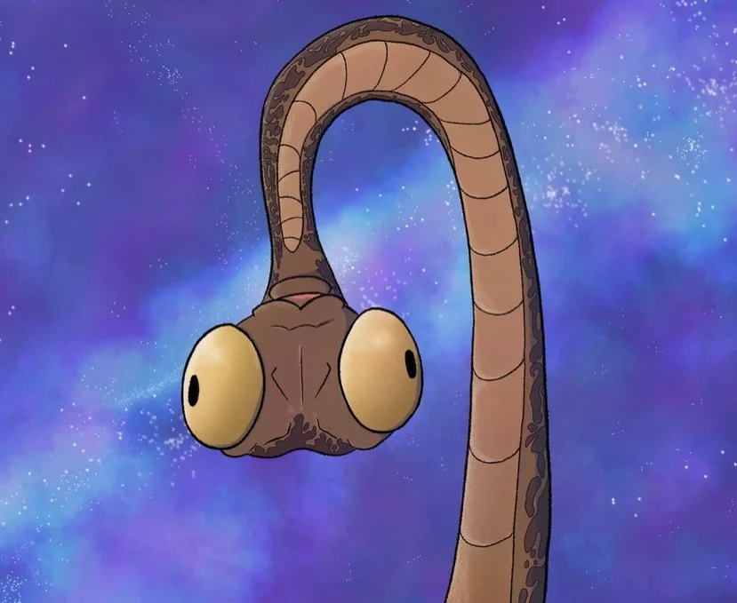Animated snake with large eyes in a colorful galaxy background.