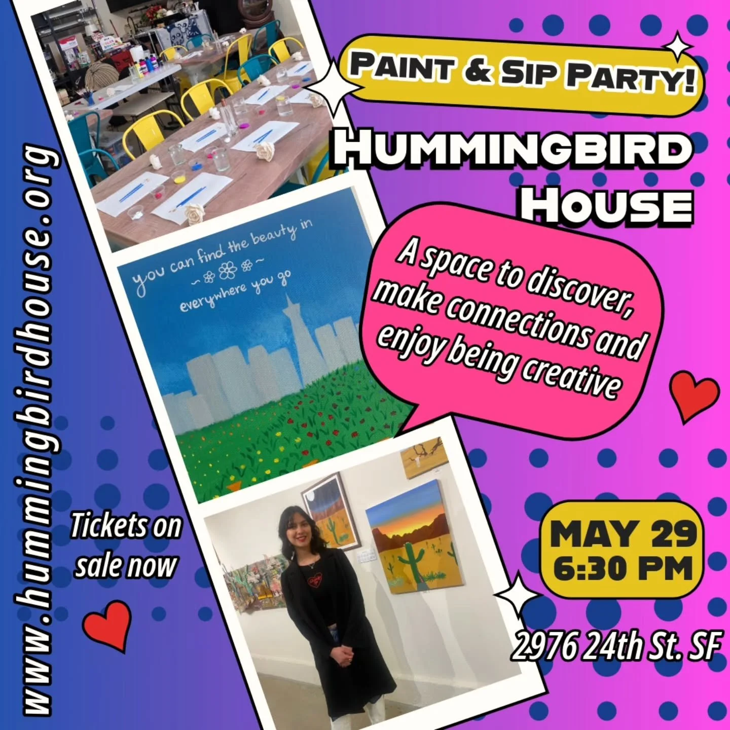 Grab your friends for a fun night of painting, refreshments, and music! Every ticket includes all the needed supplies, drinks, and small bites. 

Our visiting artist @chaneelll_93 will be joining us for the evening. No experience needed, just come an