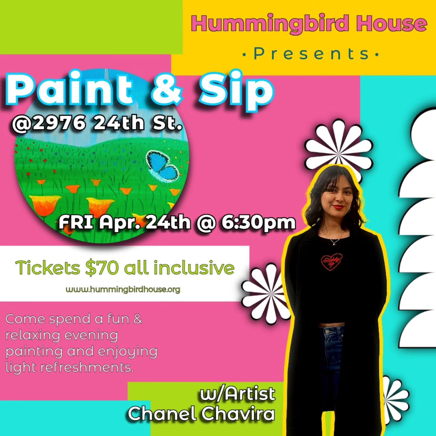 Our first visiting artist class is now open! Join @chaneelll_93 here at Hummingbird House for a fun evening with light refreshments while she teaches everyone how to paint their next masterpiece 😄 April 24th @ 6:30pm-8:30pm.

A perfect evening out w